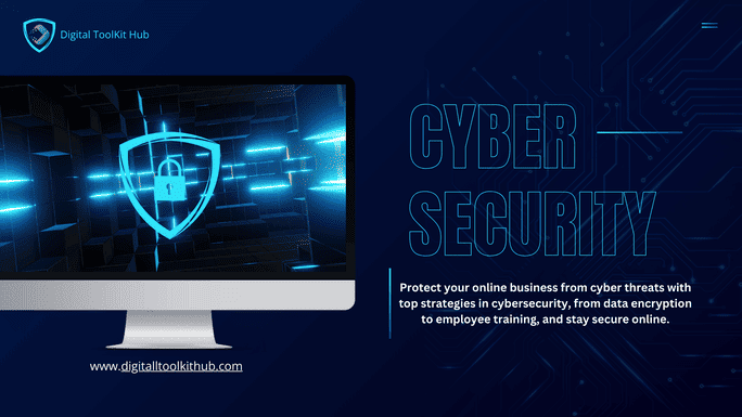 A graphic of a digital lock overlaying a laptop screen, representing cybersecurity measures for online businesses to protect against cyber threats.